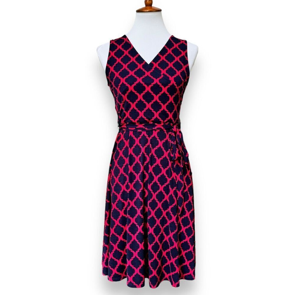 41Hawthorn Pink Navy Diamond Surplice Wrap A-Line Dress Belted Stretch Small